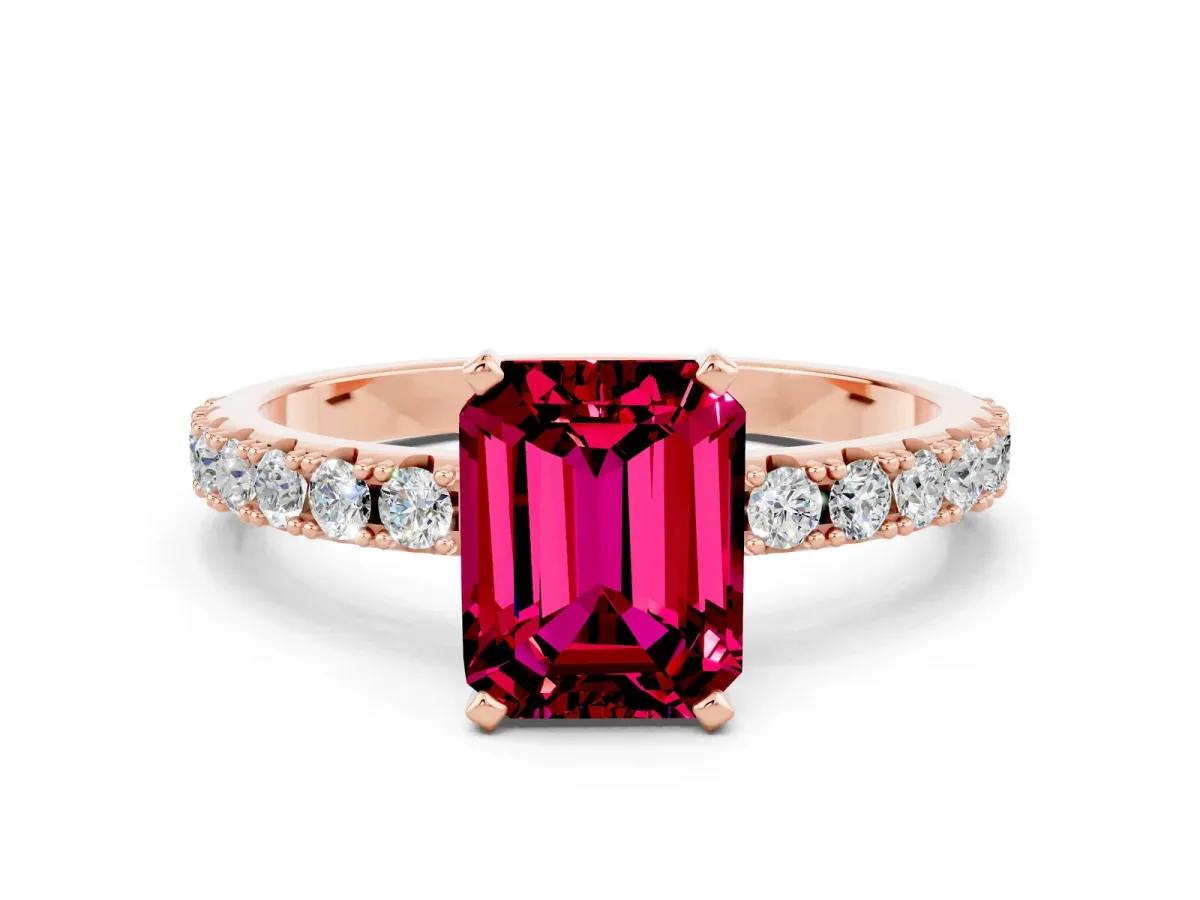 Emerald Cut Garnet Solitaire Pavé Band with Four-Prong Setting Rose gold