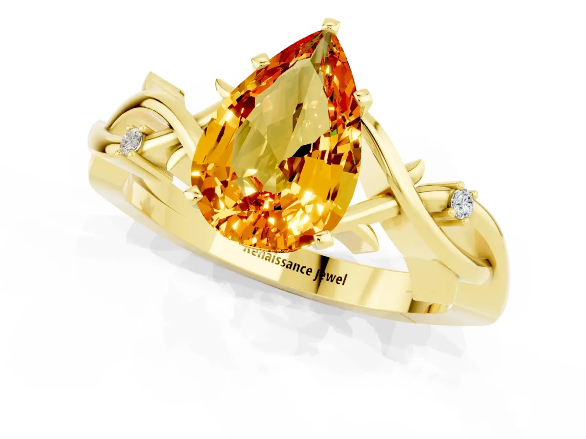 Pear Cut Citrine Solitaire Ring with Twisted Band and Prong Setting Yellow gold