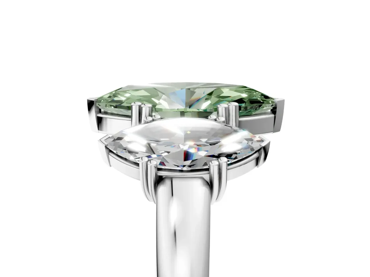 Fancy Green Three-Stone Marquise Cut Cut Diamond Ring with Channel Set Band and Four-Prong Setting Silver