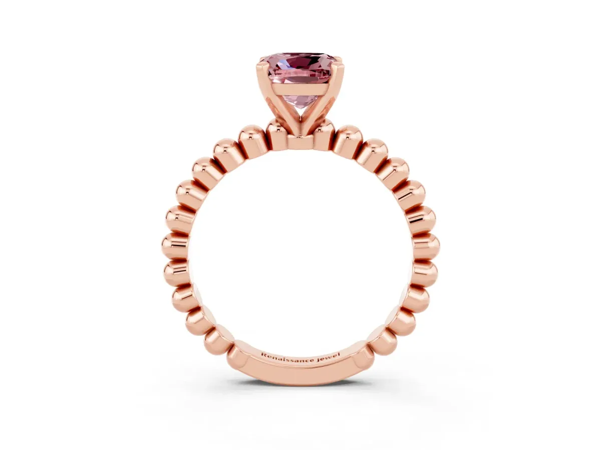 Cushion Cut Morganite Solitaire Ring with Beaded Band and Prong Setting Rose gold