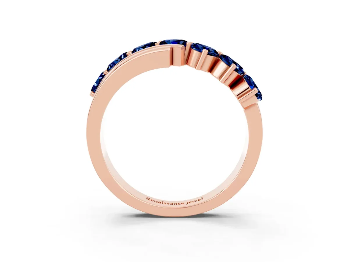 Round Blue Sapphire Wave Band with Channel and Shared Prong Setting Rose gold