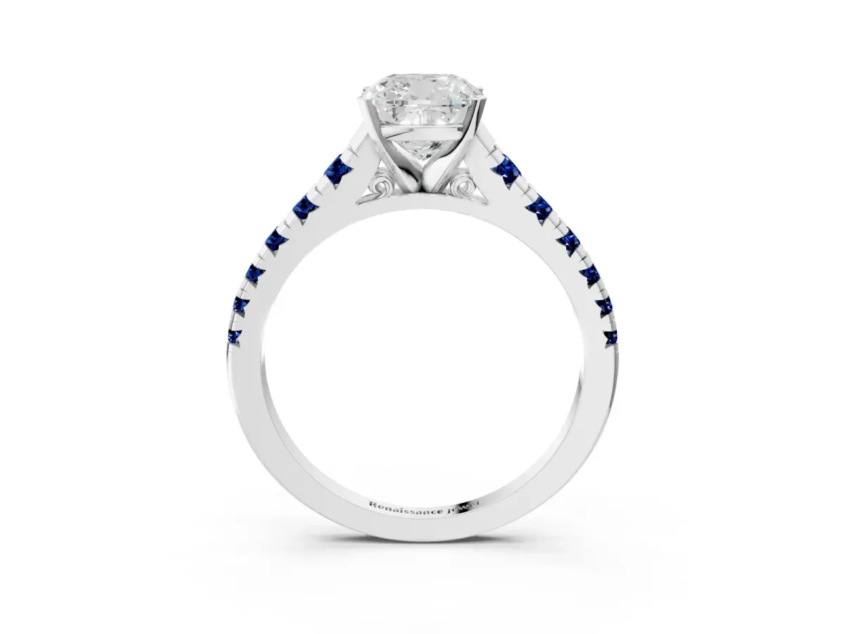 Cushion Cut Diamond Cathedral Solitaire Ring with Round Blue Sapphire Pavé Band Silver