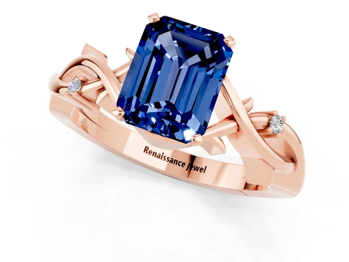Emerald Cut Blue Sapphire Solitaire Ring with Twisted Band and Prong Setting Rose gold