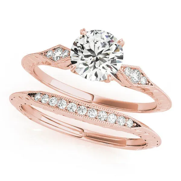 Round Cut Solitaire Diamond Ring with Milgrain Band and Four-Prong Setting Rose gold