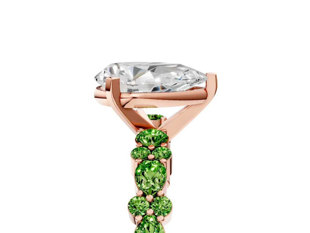Pear Cut Diamond Side Stone Solitaire Ring with Round Peridot and Four-Prong Setting Rose gold