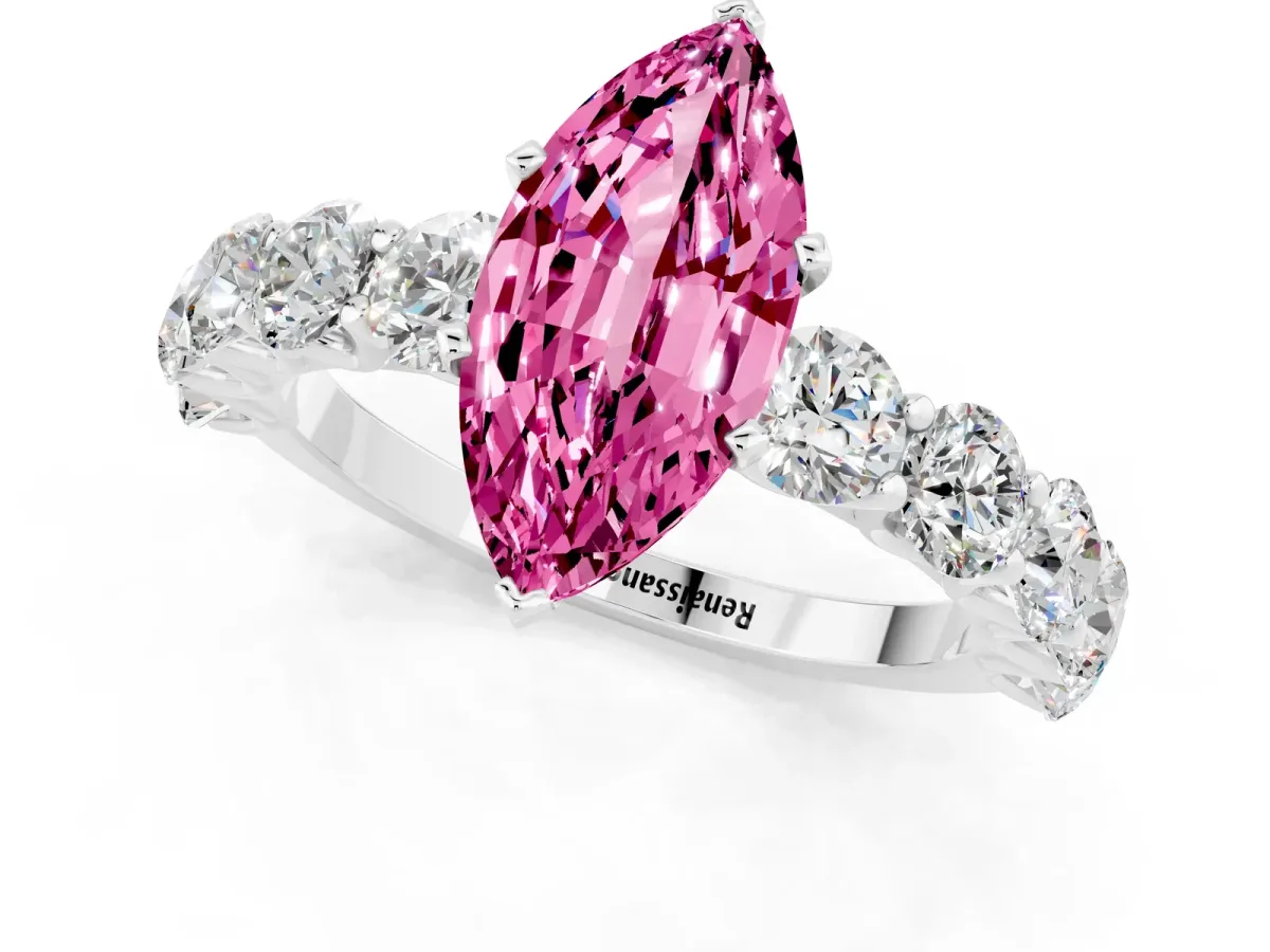 Marquise Cut Pink Sapphire Prong Setting with Side Stones on a Pave Band Silver