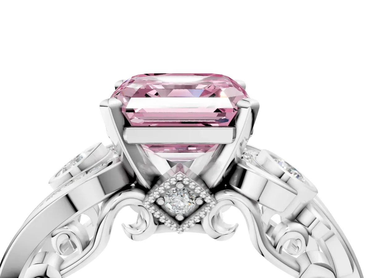 Fancy Pink Asscher Cut Diamond Solitaire Ring with Milgrain Pavé Band and Four-Prong Setting Silver