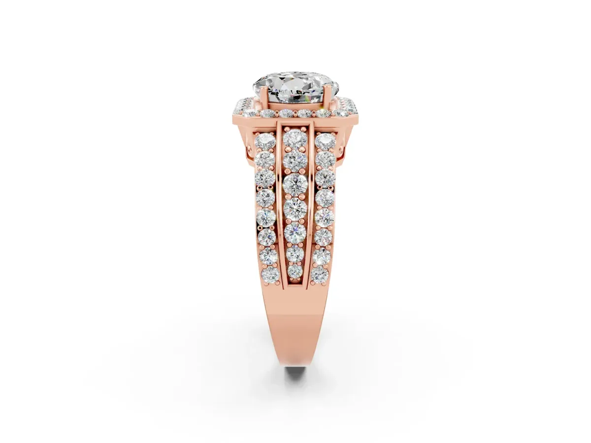 Round Cut Halo Moissanite Ring with Round Split Shank and Prong Setting Rose gold