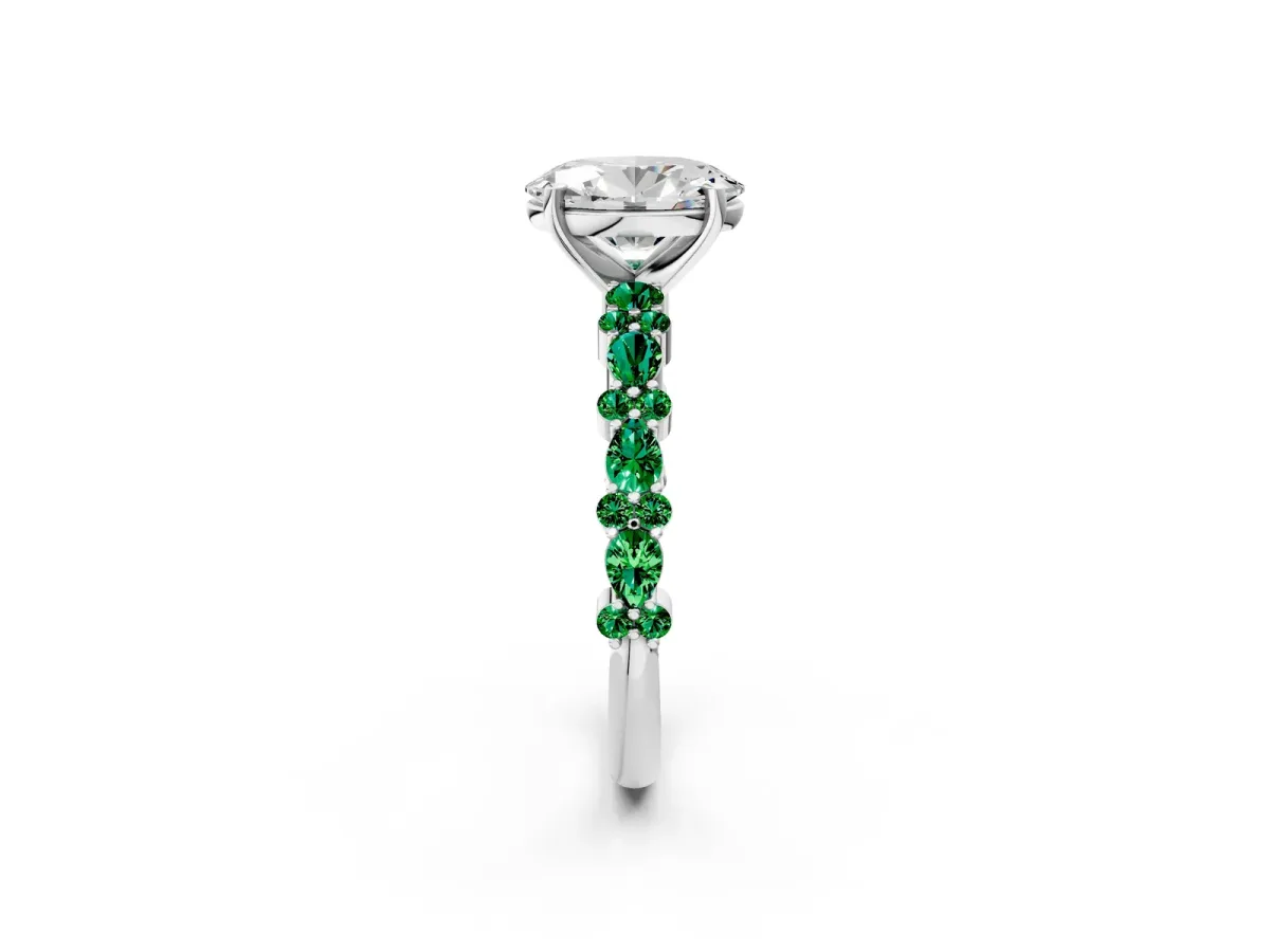 Oval Cut Diamond Side Stone Solitaire Ring with Round Emerald and Four-Prong Setting White gold
