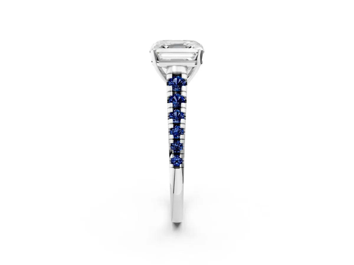 Asscher Cut Diamond Cathedral Solitaire Ring with Round Blue Sapphire Pavé Band Silver