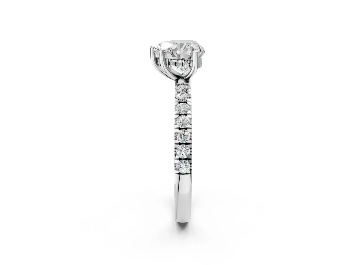 Heart Cut Diamond Pave Band Solitaire Ring with Round and Prong Setting Silver