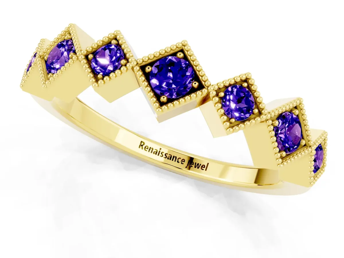 Milgrain Square Bezel Round Tanzanite Chevron Band Yellow gold