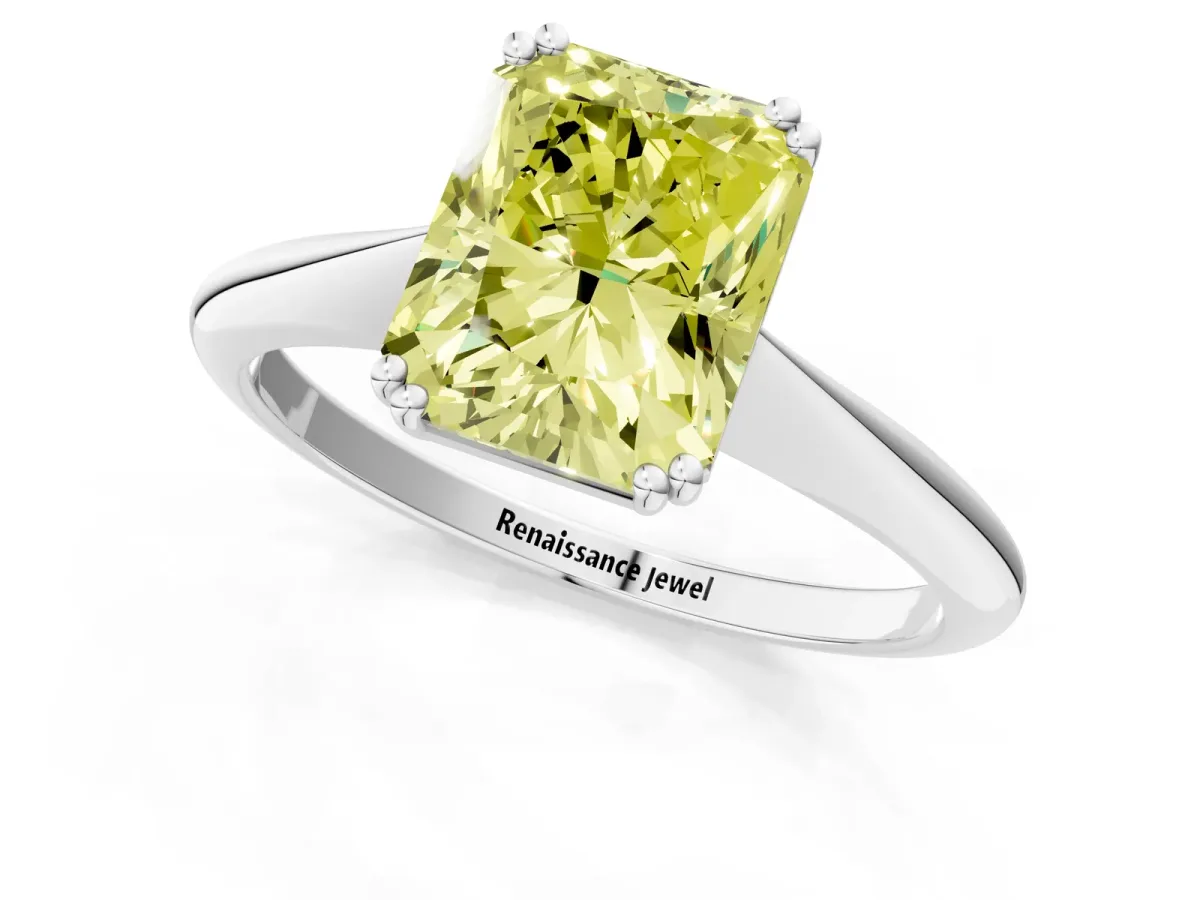 Fancy Yellow Radiant Cut Solitaire Diamond Ring with Six-Prong Setting and Classic Band Platinum