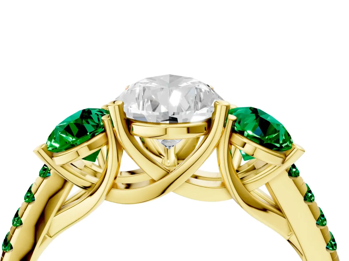 Three-Stone Pear Cut Diamond Ring with Round Emerald Pavé Band and Prong Setting Yellow gold