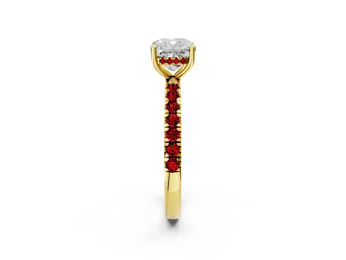 Cushion Cut Diamond Pave Band Solitaire Ring with Round Ruby and Prong Setting Yellow gold