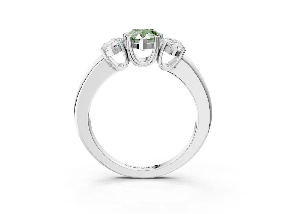 Fancy Green Three-Stone Pear Cut Cut Diamond Ring with Channel Set Band and Four-Prong Setting Silver