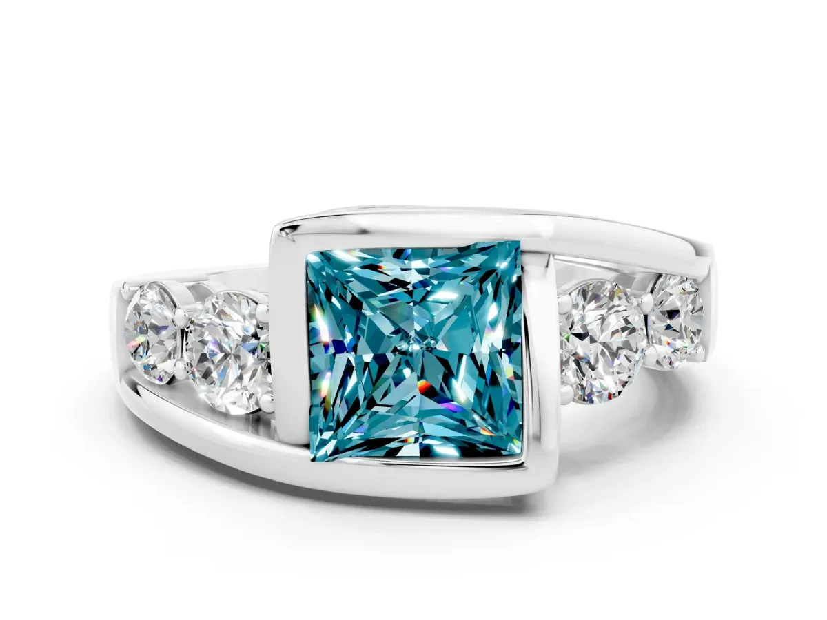 Bezel Set Princess Cut Blue Topaz Bypass Ring with Round Accents Silver