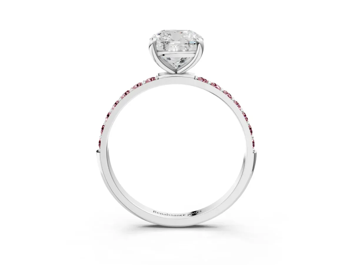 Cushion Cut Diamond Solitaire Ring with Round Morganite Pavé Band and Prong Setting Silver