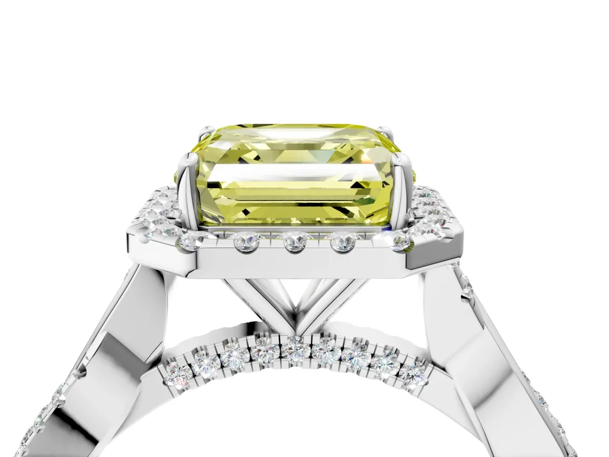 Fancy Yellow Asscher Cut Halo Twist Band Solitaire Ring Platinum