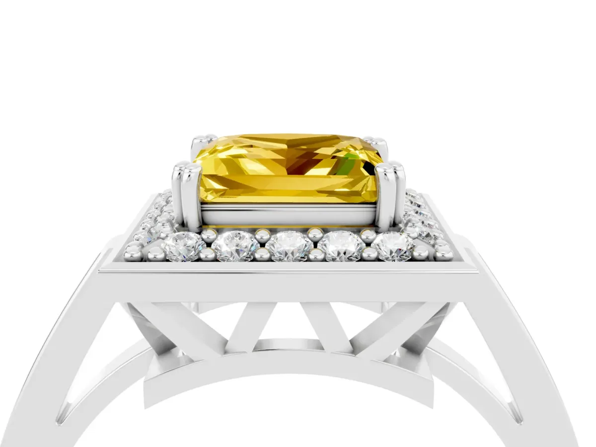 Princess Cut Yellow Sapphire Halo Ring with Split Shank and Four-Prong Setting Platinum