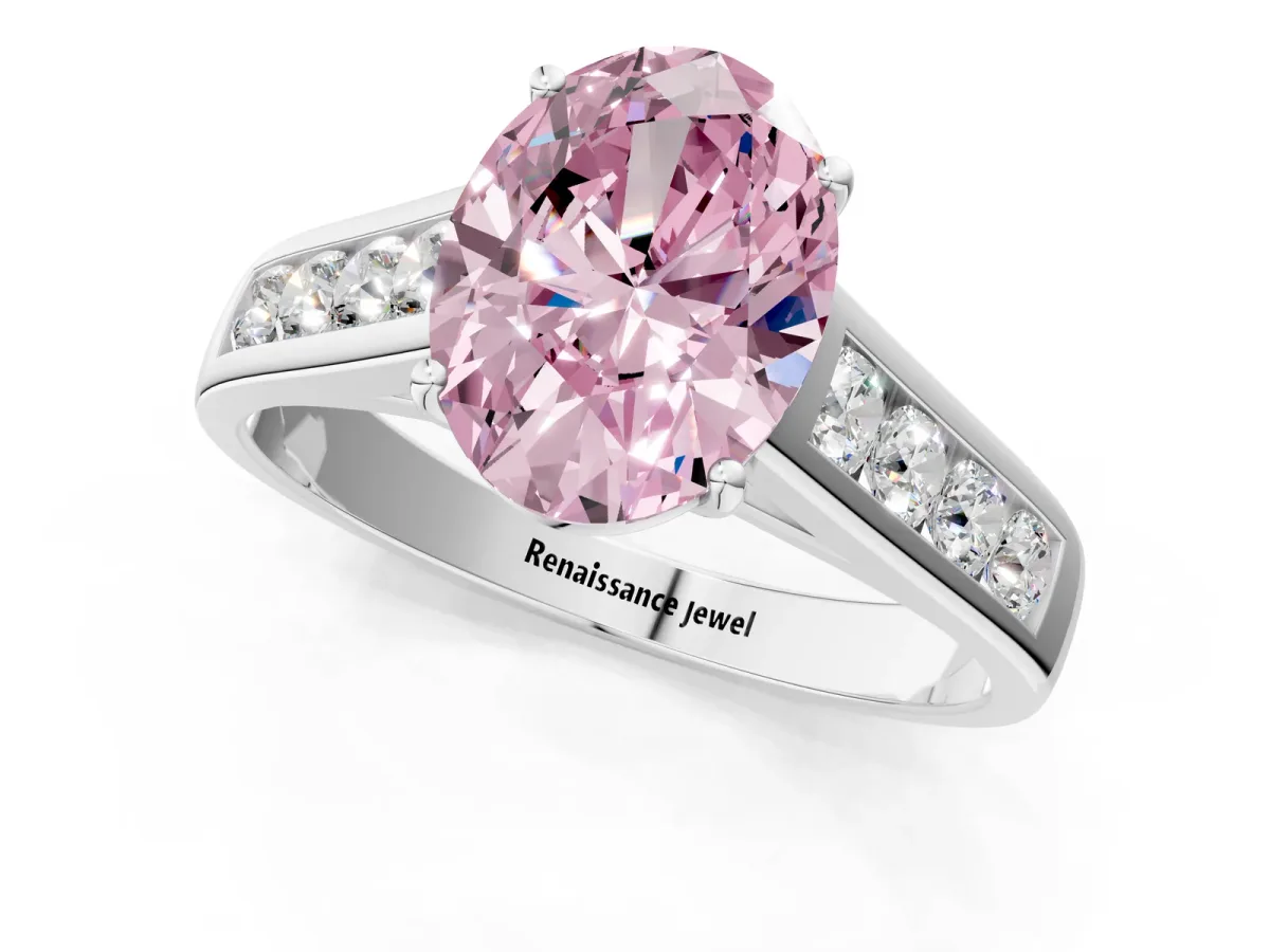Fancy Pink Oval Cut Brilliant Channel-Set Solitaire Ring with Four-Prong Setting White gold
