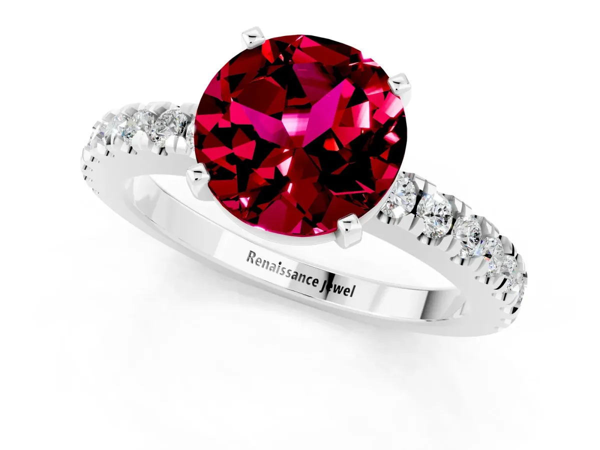 Round Cut Solitaire Garnet with Pavé Band and Four-Prong Setting Silver