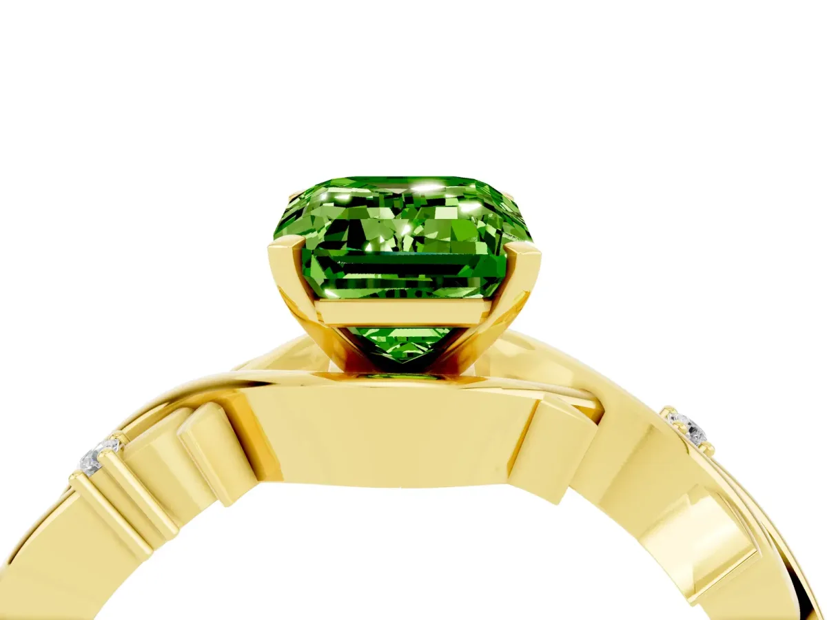 Emerald Cut Peridot Solitaire Ring with Twisted Band and Prong Setting Yellow gold