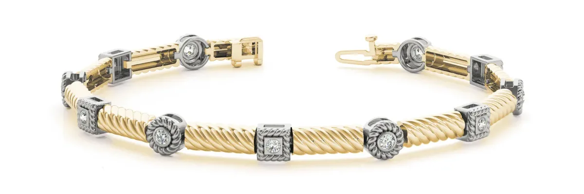Round Bezel Set Diamond Rope Bracelet with Box Clasp Yellow gold