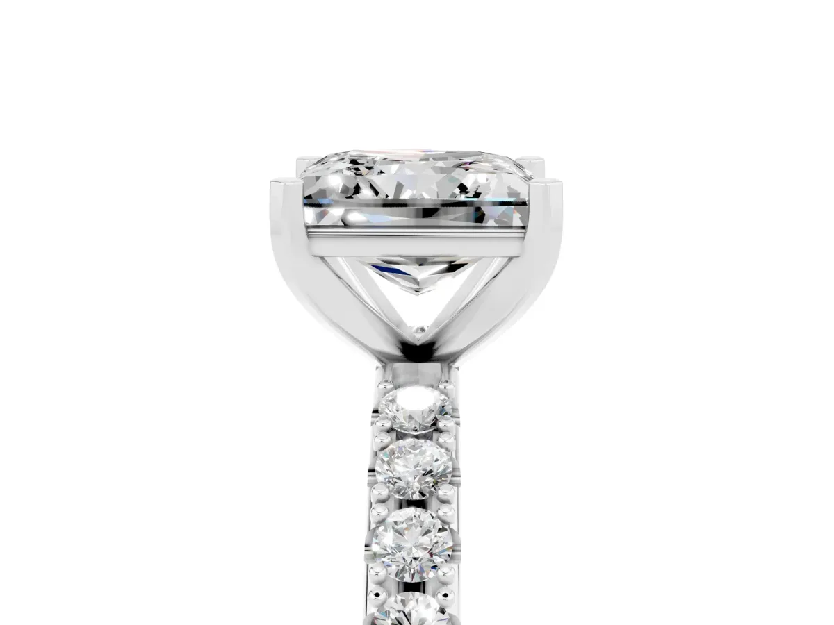 Princess Cut Moissanite Solitaire Pavé Band with Four-Prong Setting Silver