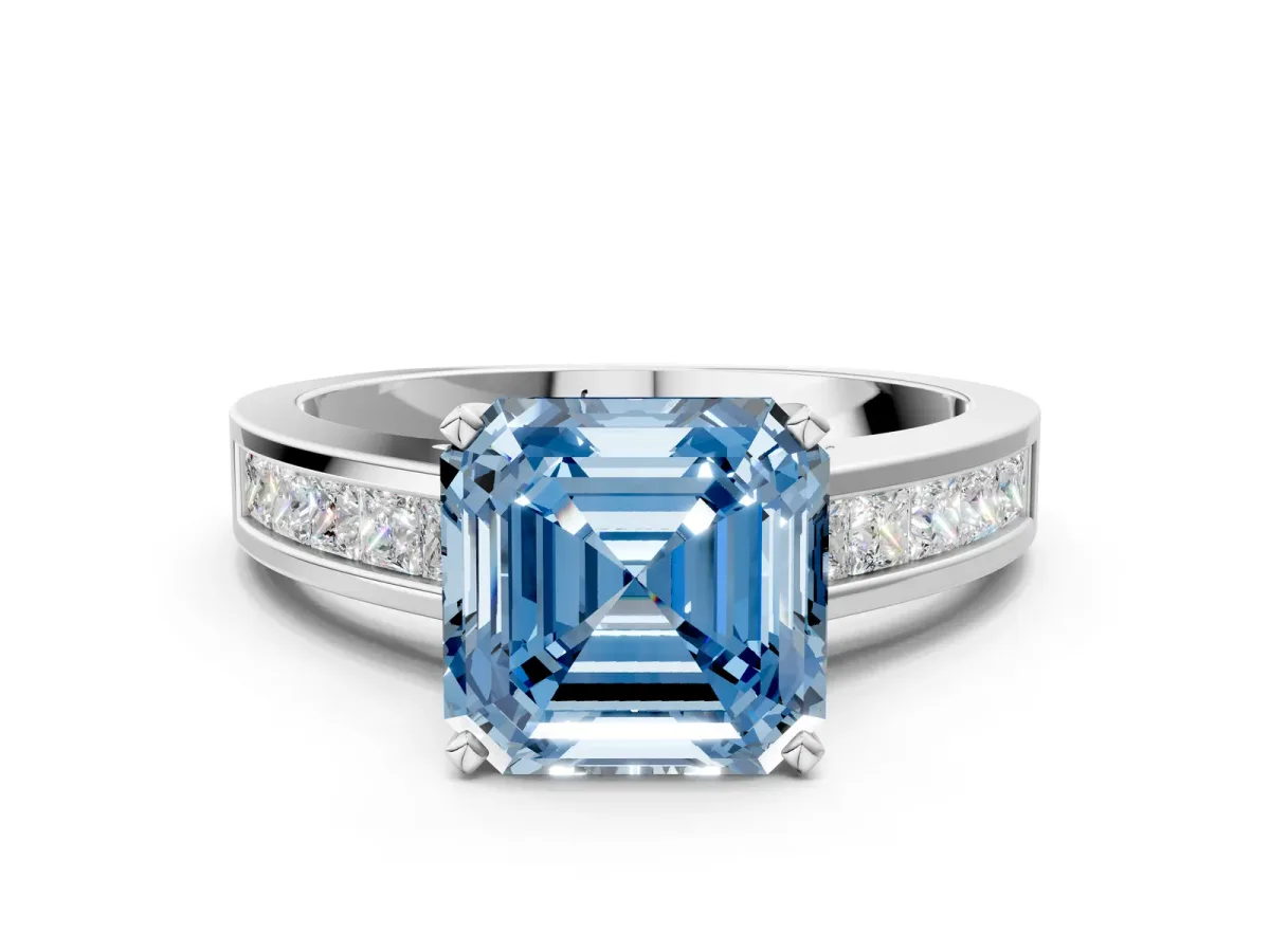 Fancy Blue Asscher Cut Solitaire Diamond Ring with Channel-Set Band and Four-Prong Setting Platinum