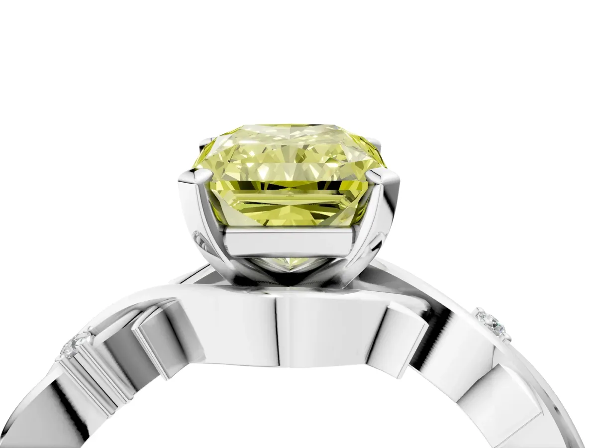 Fancy Yellow Radiant Cut Diamond Solitaire Ring with Twisted Band and Prong Setting Silver