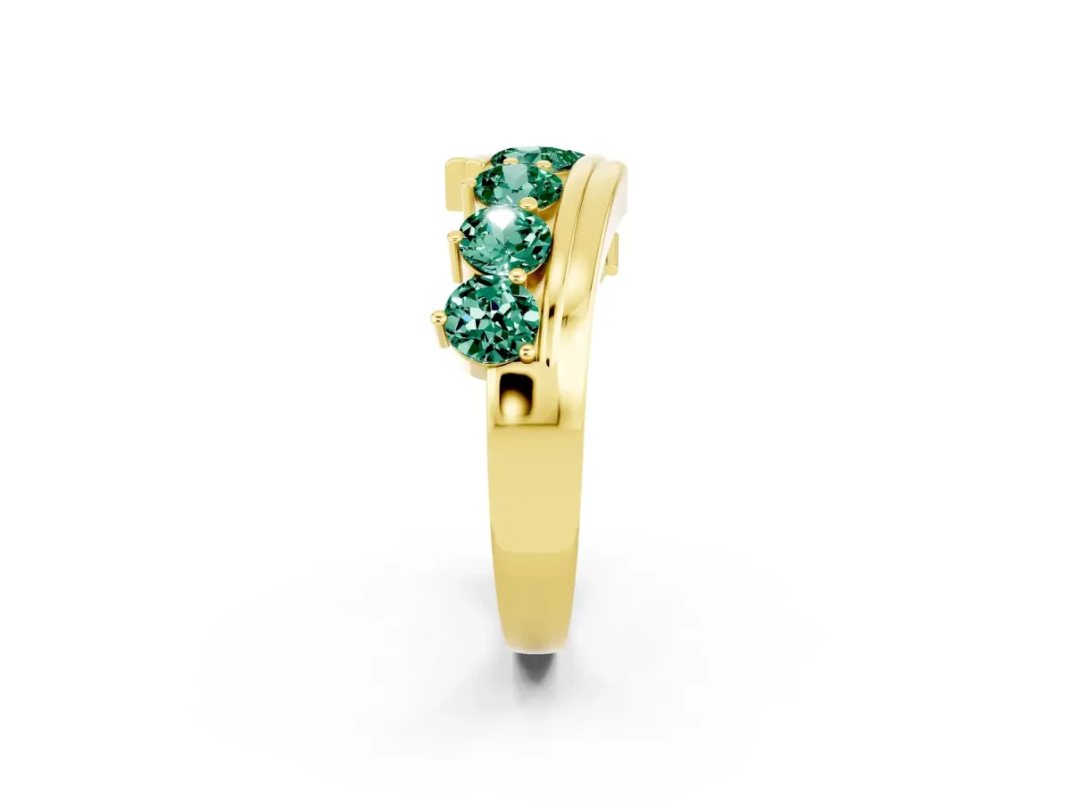 Round Green Sapphire Wave Band with Channel and Shared Prong Setting Yellow gold
