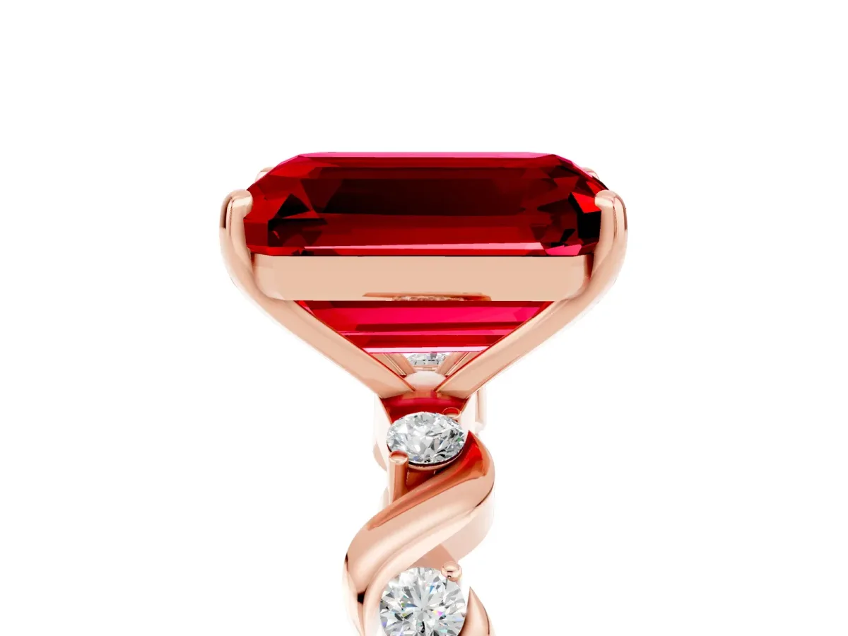 Emerald Cut Ruby Solitaire Twisted Band with Round Accents and Prong Setting Rose gold