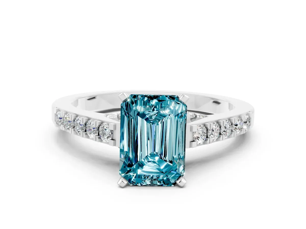 Emerald Cut Blue Topaz Solitaire Ring with Crossover Gallery and Round Pavé Band Silver