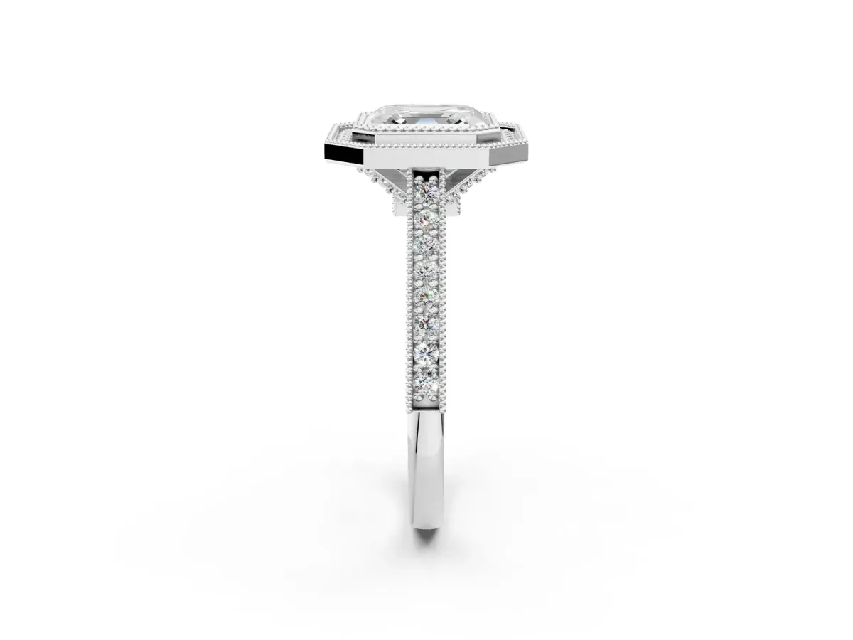Halo Asscher Cut-Cut Diamond Pave Band Milgrain Prong Setting Ring Platinum
