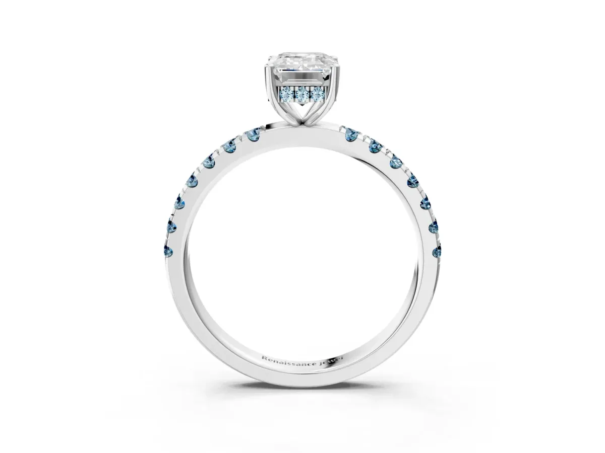 Emerald Cut Diamond Pave Band Solitaire Ring with Round Aquamarine and Prong Setting Silver