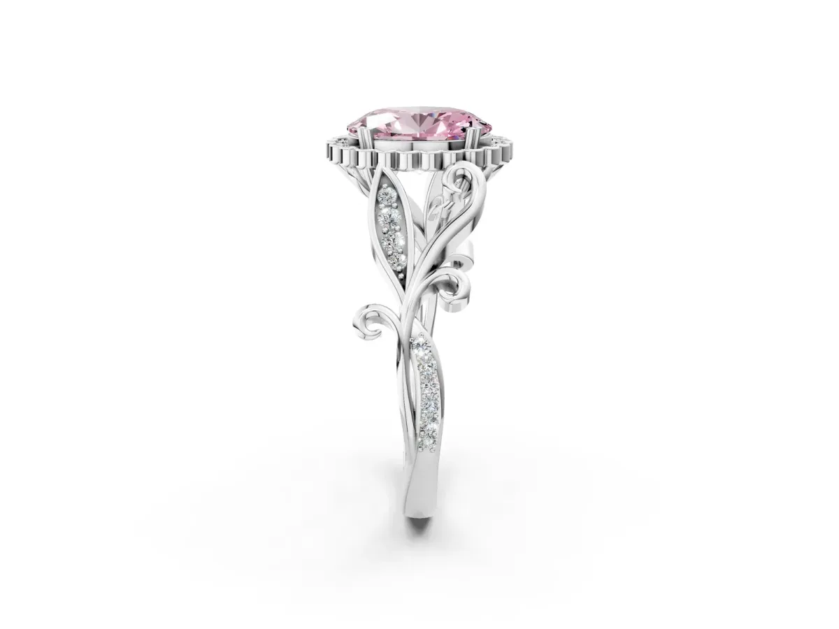 Fancy Pink Oval Cut Diamond Halo Ring with Vintage Split Shank and Four-Prong Setting Silver