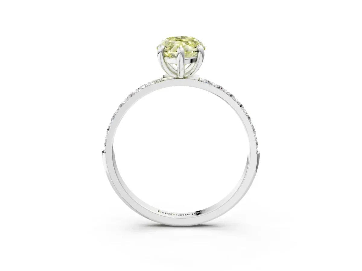 Fancy Yellow Marquise Cut Diamond Solitaire Ring with Round Pavé Band and Prong Setting Silver