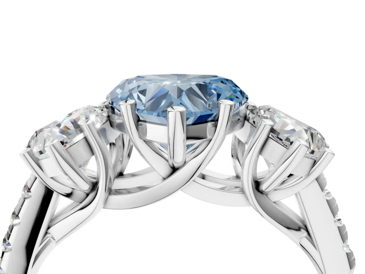 Fancy Blue Three-Stone Heart Cut Diamond Ring with Round Pavé Band and Prong Setting Silver