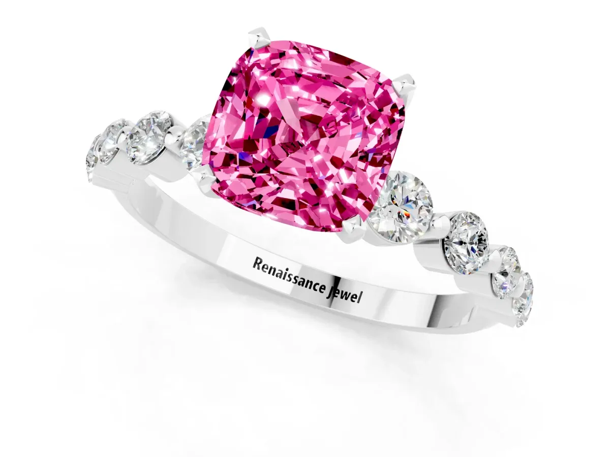 Cushion Cut Solitaire Pink Sapphire Ring with Pave Band and Four-Prong Setting Silver
