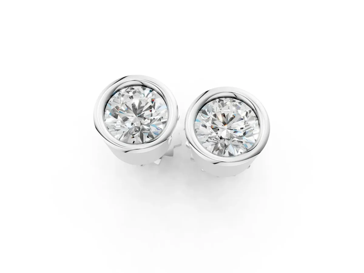 Bezel Set Round Diamond Stud Earrings with Push Back White gold