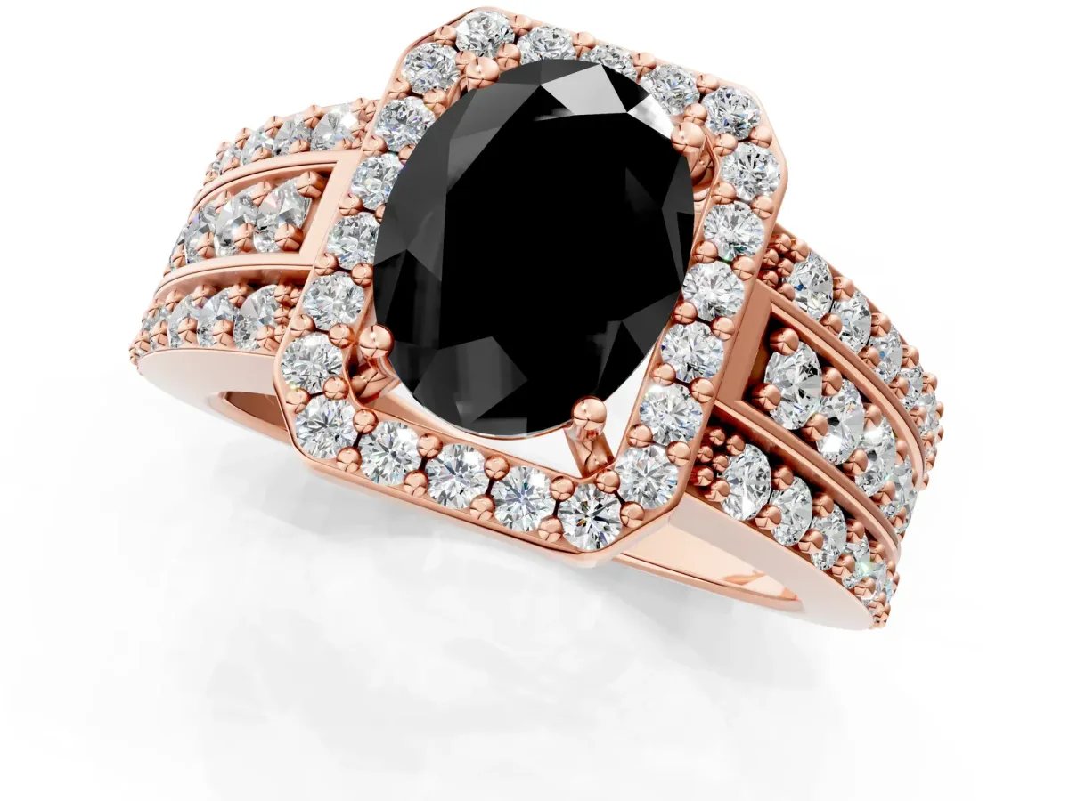 Fancy Black Oval Cut Halo Diamond Ring with Round Split Shank and Prong Setting Rose gold
