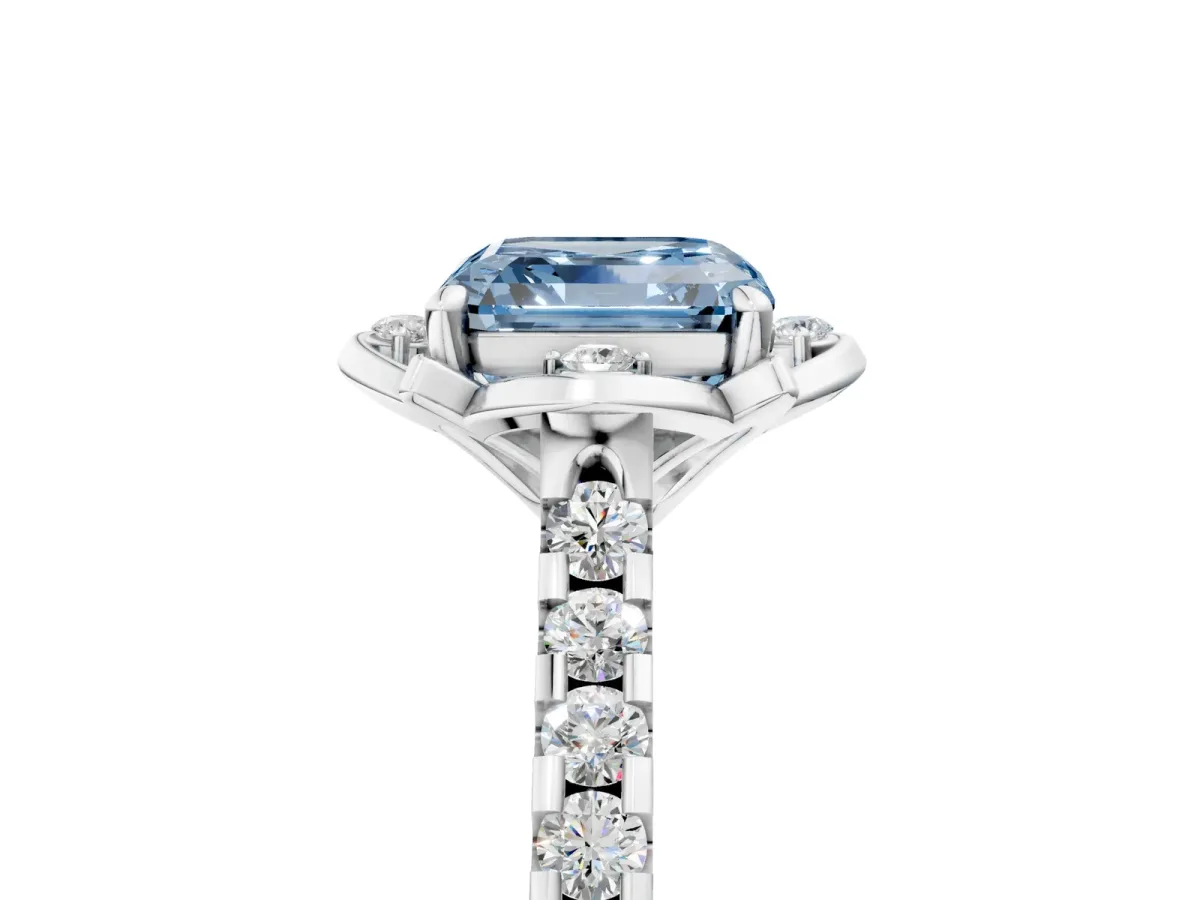 Fancy Blue Asscher Cut Diamond Ring with Pavé Band and Floral Prong Setting Platinum