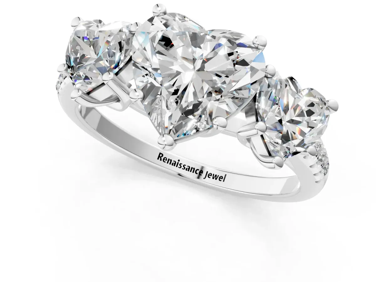 Three-Stone Heart Cut Diamond Ring with Round Pavé Band and Prong Setting Platinum