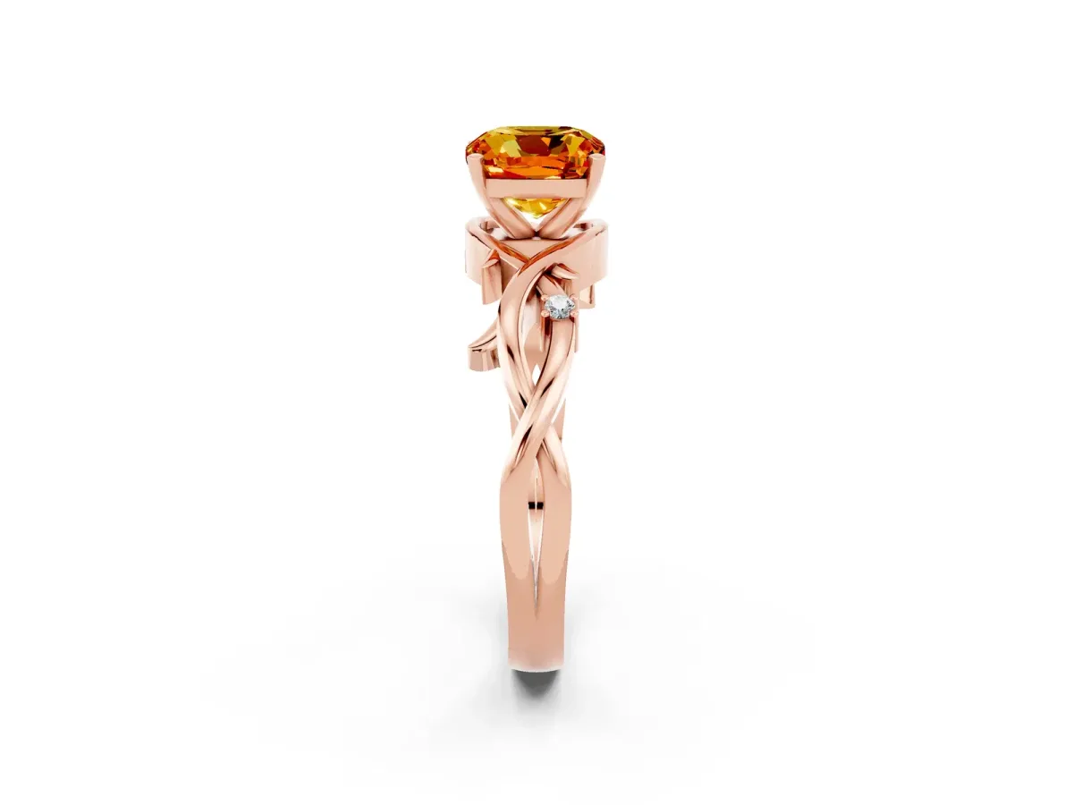 Cushion Cut Citrine Solitaire Ring with Twisted Band and Prong Setting Rose gold