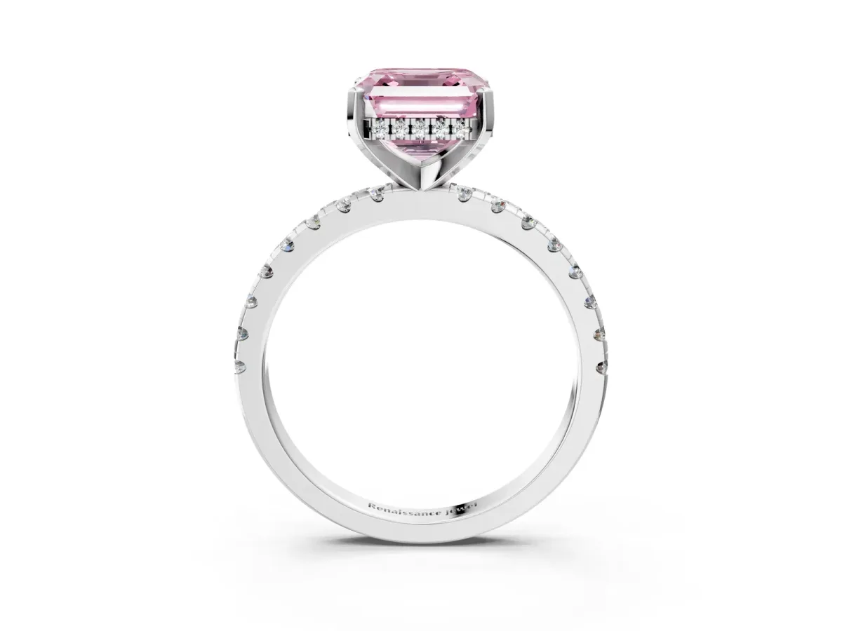 Fancy Pink Asscher Cut Diamond Solitaire Ring with Round Pavé Band and Four-Prong Setting Silver
