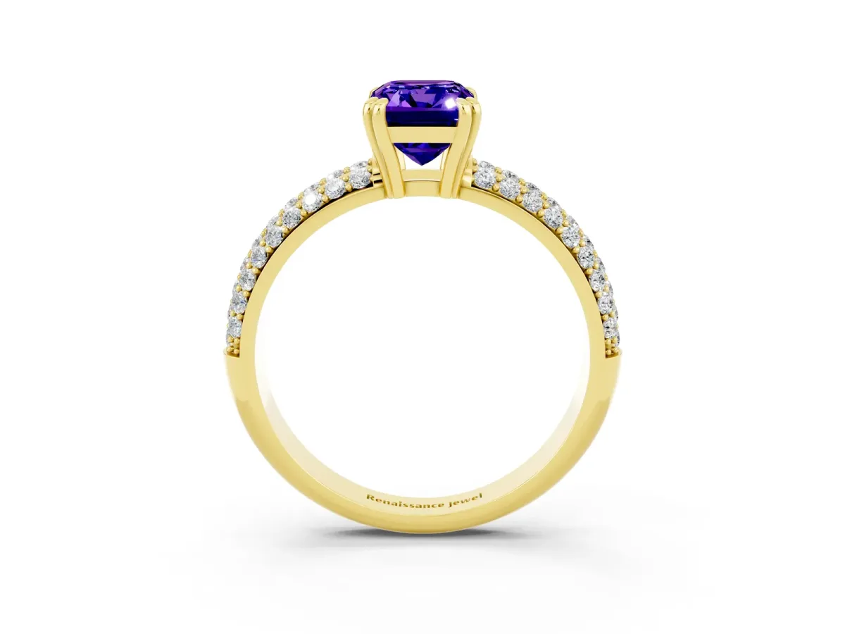 Emerald Cut Tanzanite Vintage Milgrain Ring with Round Stations Yellow gold