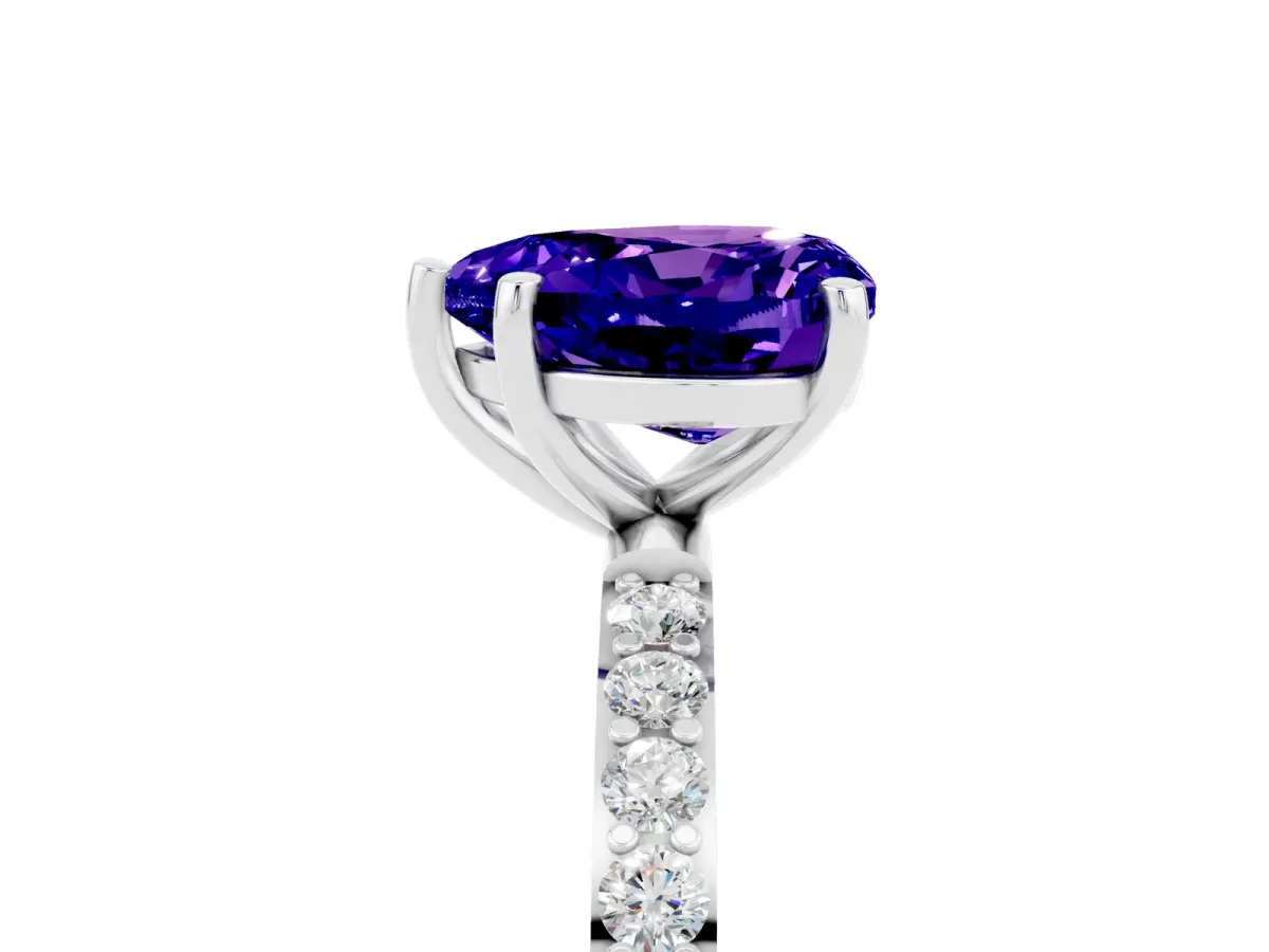 Heart Cut Tanzanite Solitaire Ring with Round Pavé Band and Prong Setting Silver