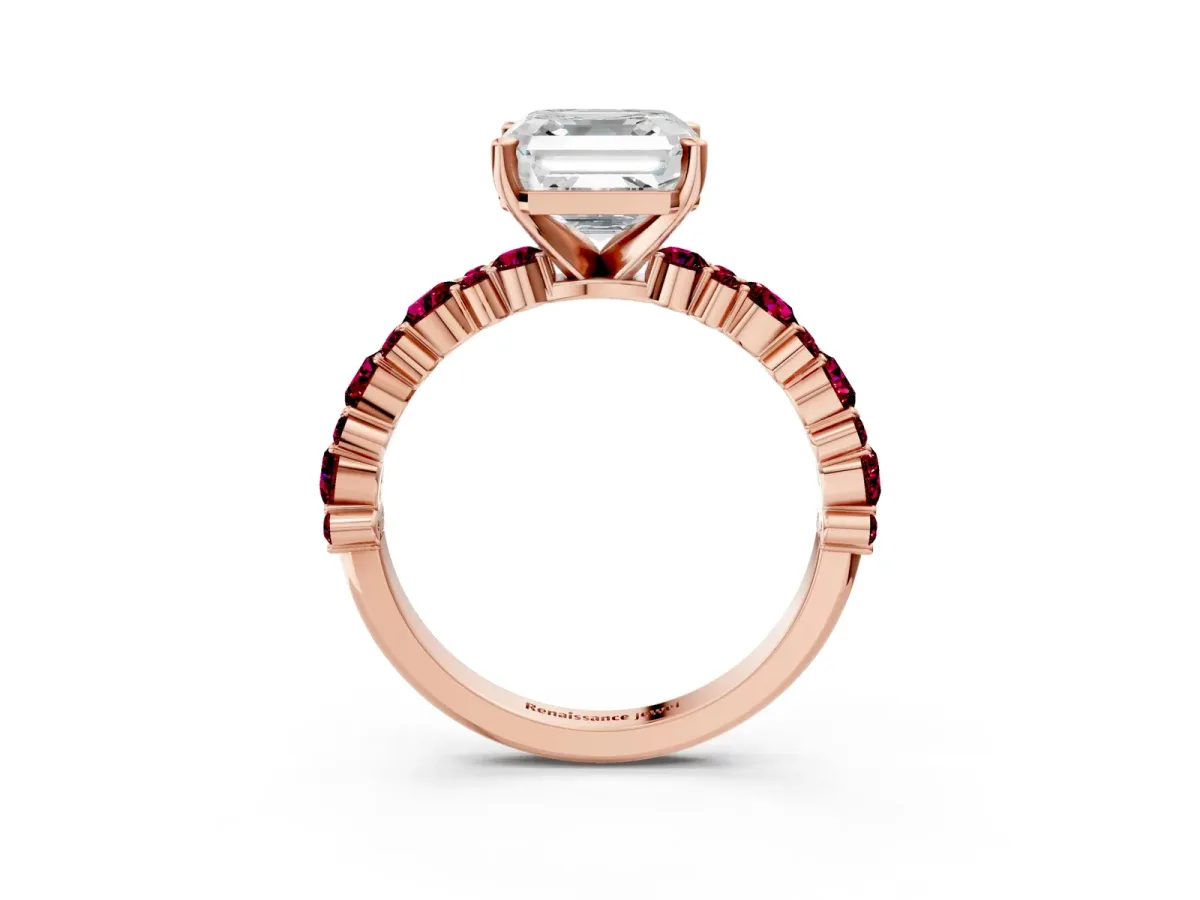 Asscher Cut Diamond Side Stone Solitaire Ring with Round Garnet and Four-Prong Setting Rose gold