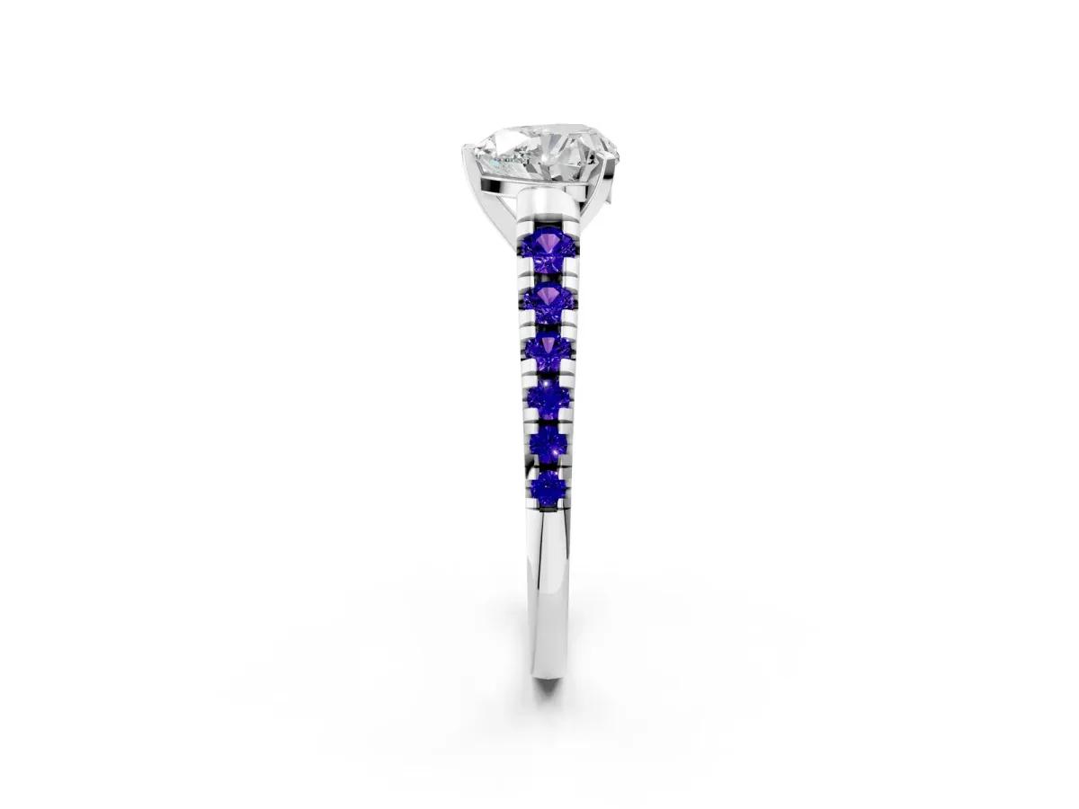 Heart Cut Diamond Cathedral Solitaire Ring with Round Tanzanite Pavé Band Silver